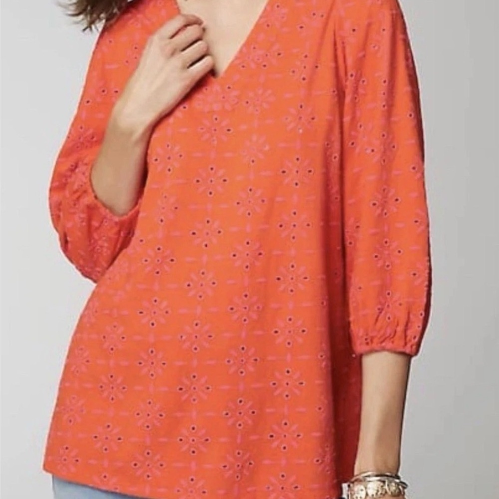 J. Jill Large Top Orange Pink Embroidered Eyelet V-Neck Tunic Ballon 3/4 Sleeves